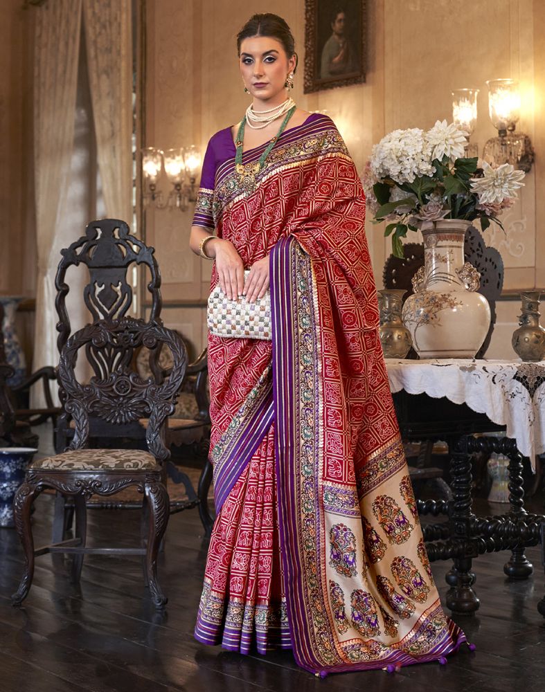 Red and Purple Geometric Print Patola Saree