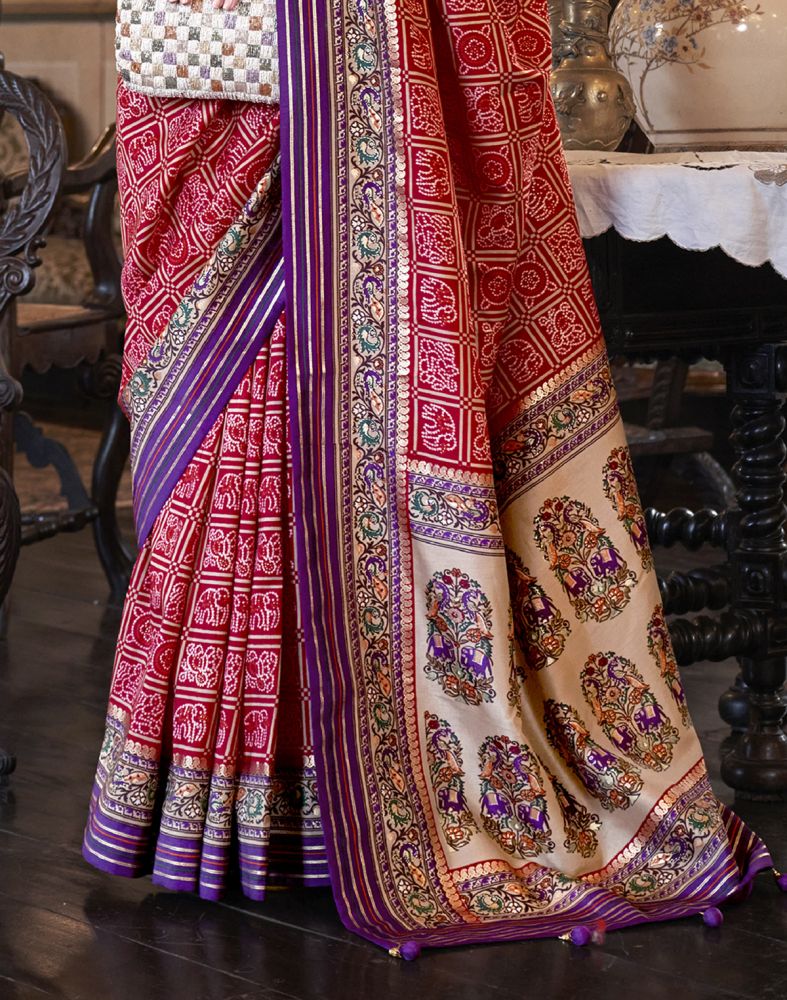 Red and Purple Geometric Print Patola Saree