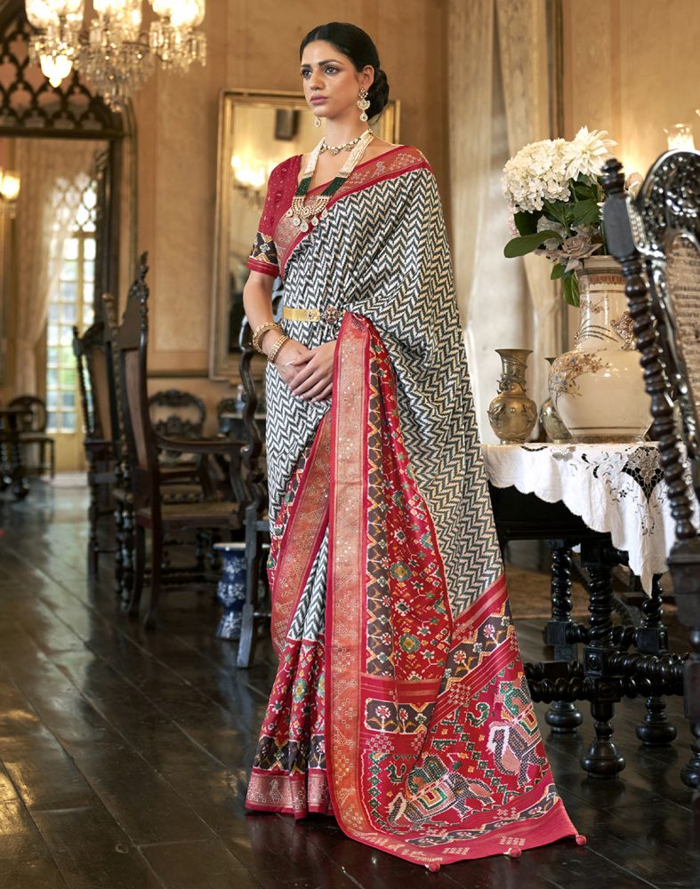 Grey And Maroon Patola Mica Print Saree