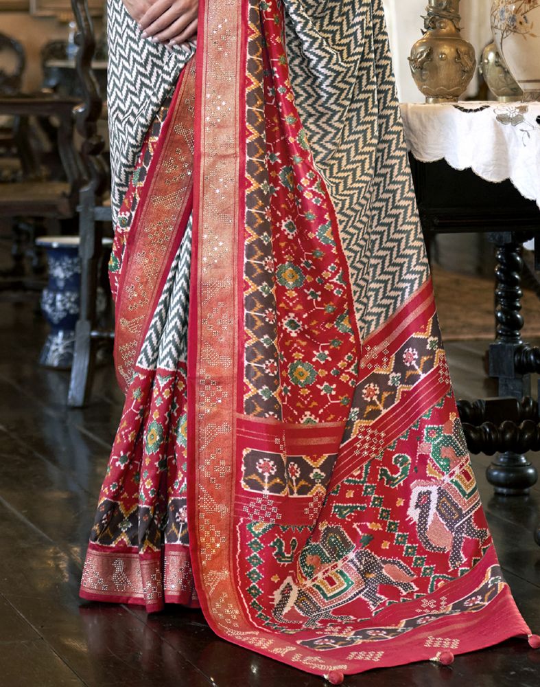 Grey And Maroon Patola Mica Print Saree