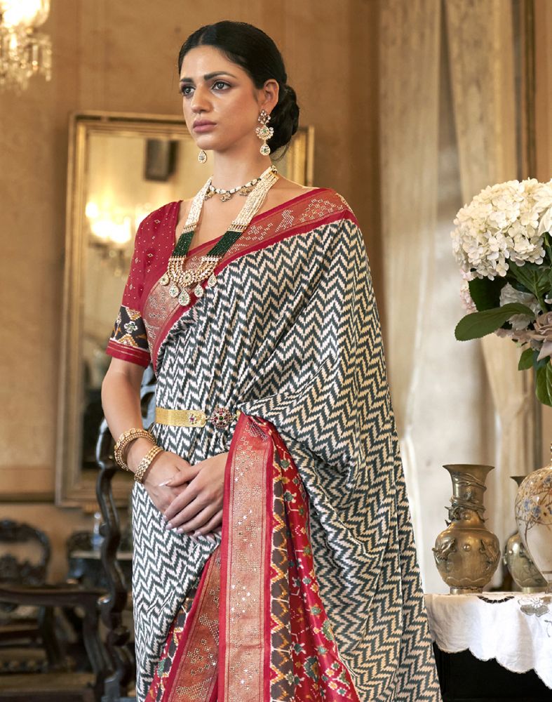 Grey And Maroon Patola Mica Print Saree