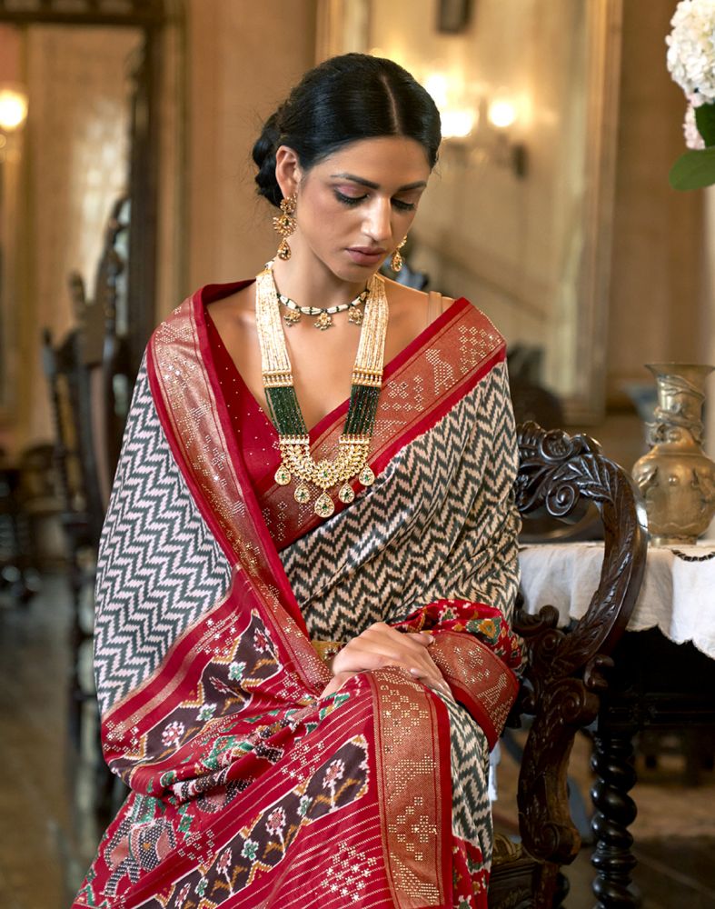 Grey And Maroon Patola Mica Print Saree