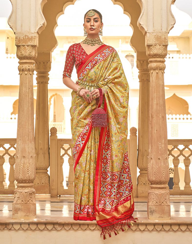 Floral Print Mustard Coloured Soft Patola Fancy Saree