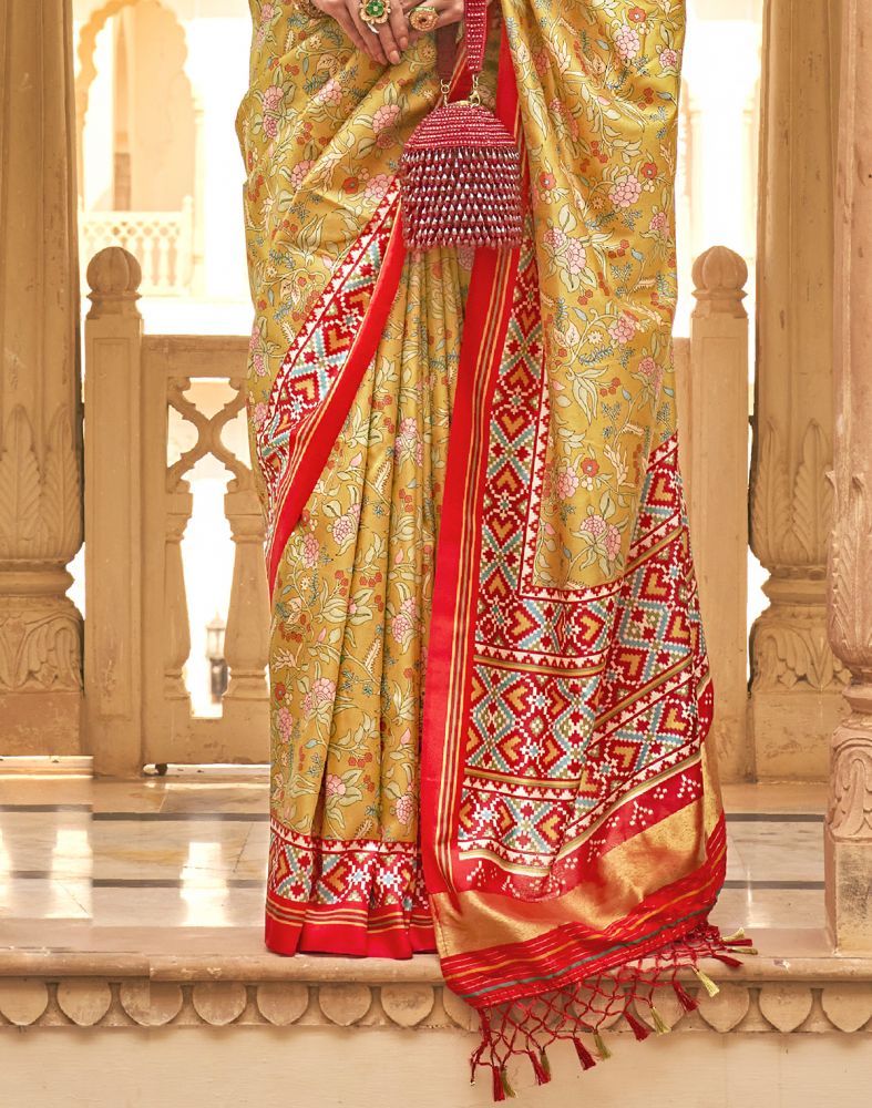 Floral Print Mustard Coloured Soft Patola Fancy Saree