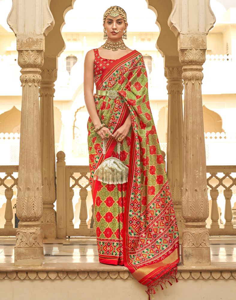 Mehendi Green Geometric Print Patola Butta Saree