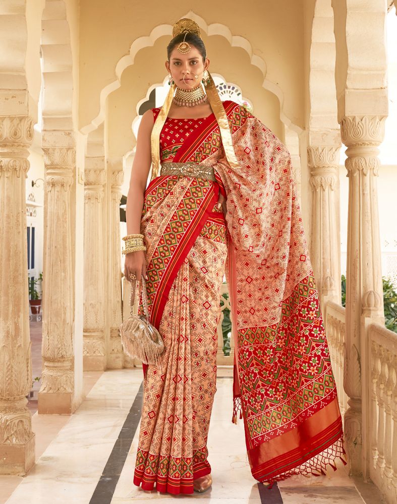 Peach Coloured Ikat Print Patola Fancy Saree