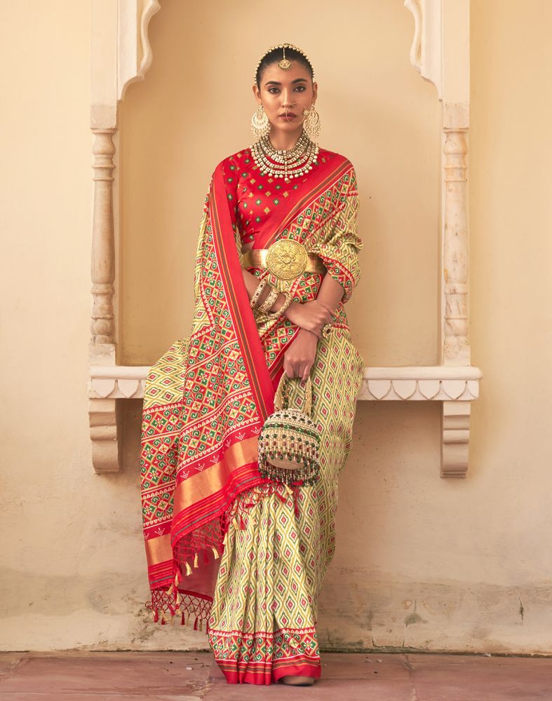 Mehendi Green Geometric Print Patola Saree