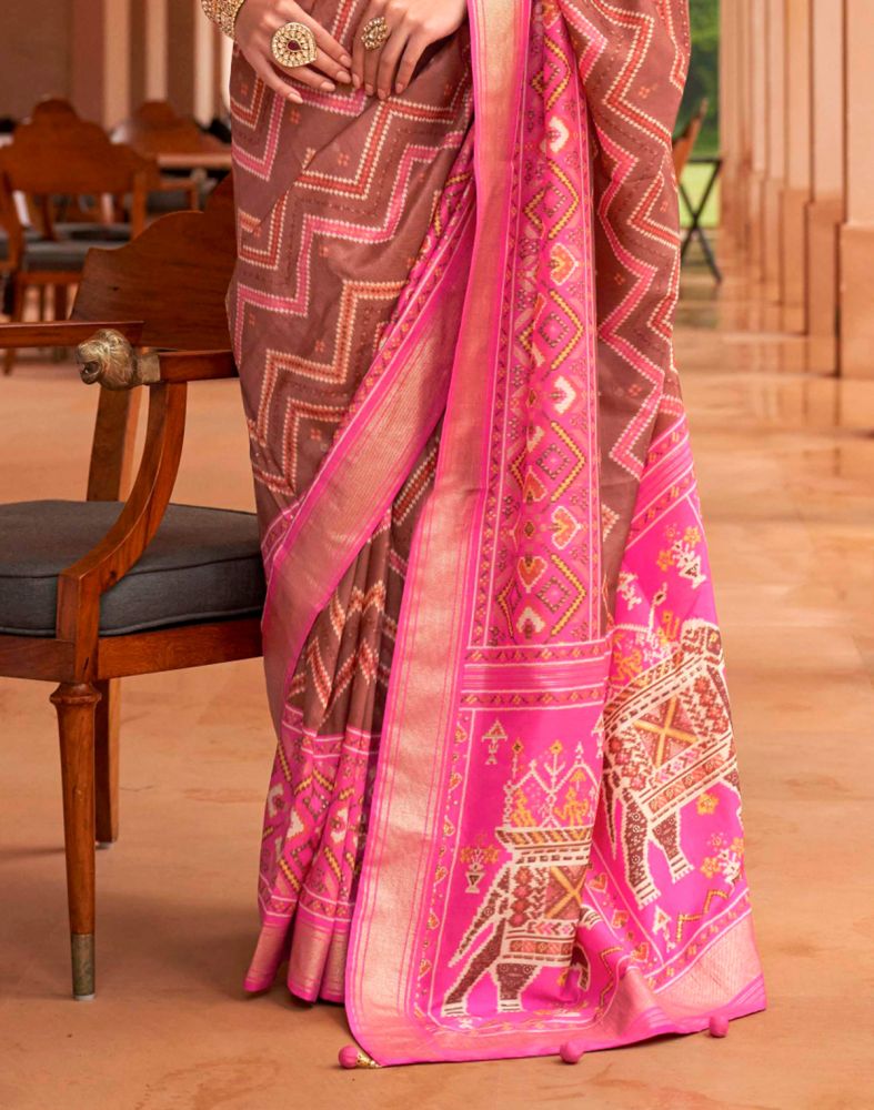 Patola Fabric Brown Color Chevron Print Saree