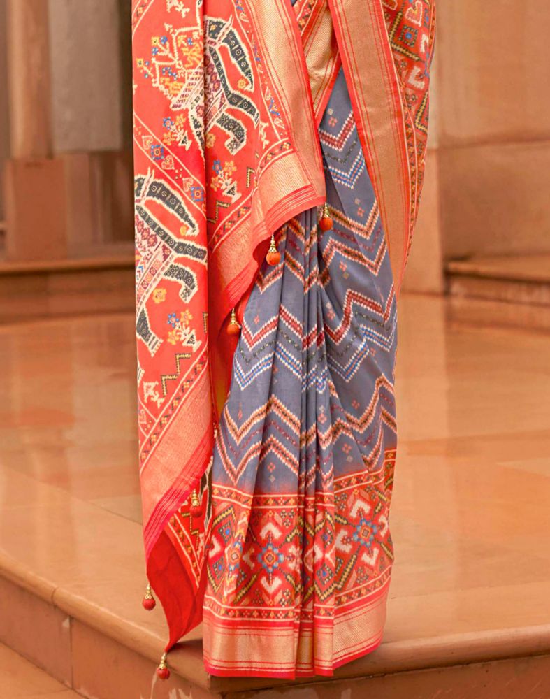 Grey And Orange Chevron Pattern Print Patola Saree