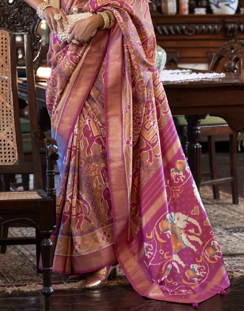 Peach Ikat Print Patola Fancy Saree