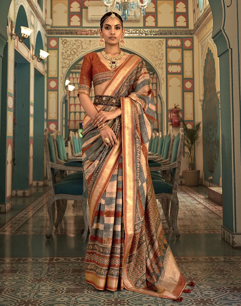 Grey Checks Pattern Banaras Silk Patola Saree