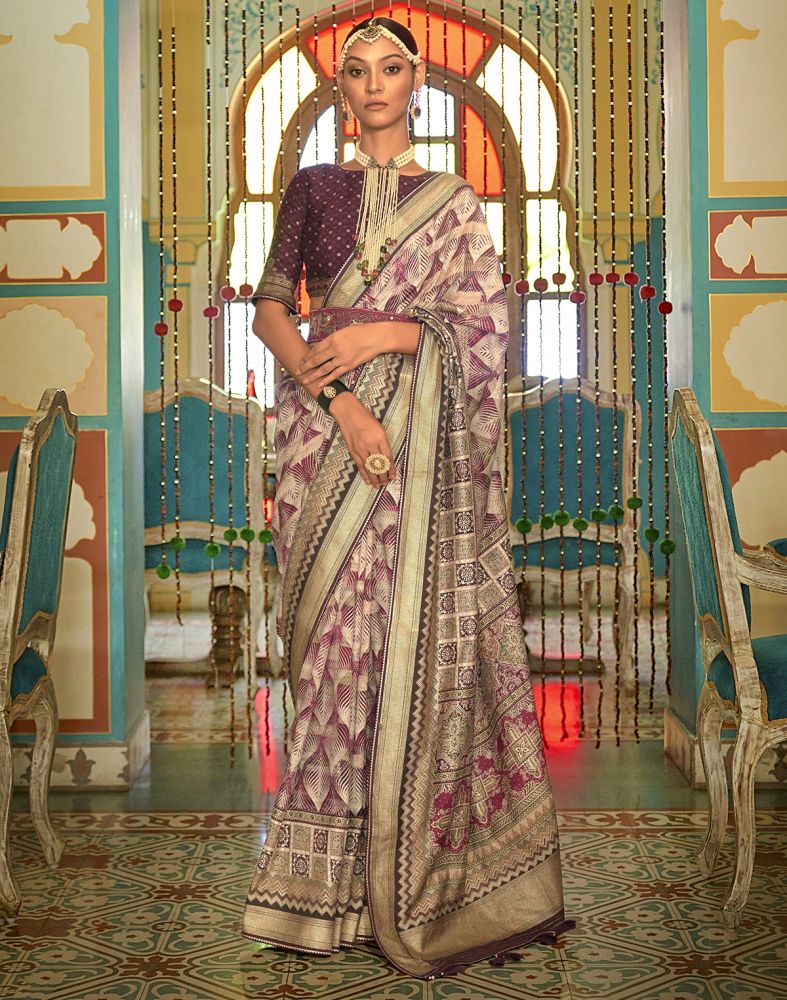 Purple Geometric Print Banaras Silk Patola Saree