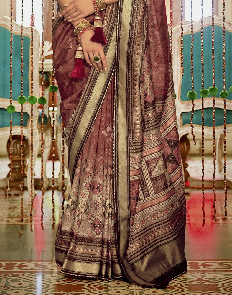 Brown Geometric Print Banaras Silk Patola Saree