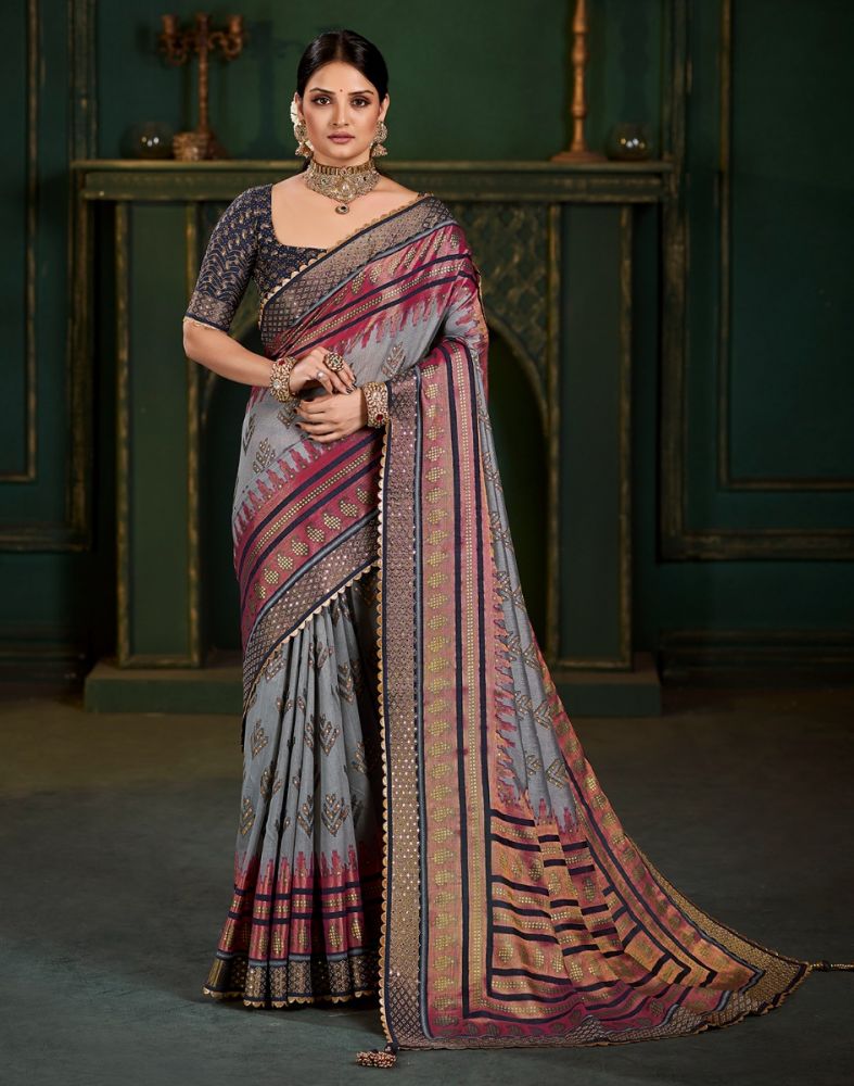 Grey Botanical Print Patola Saree