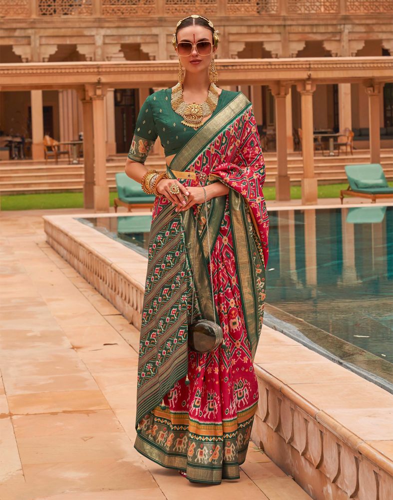 Red and Green Ikat Print Patola Silk Saree