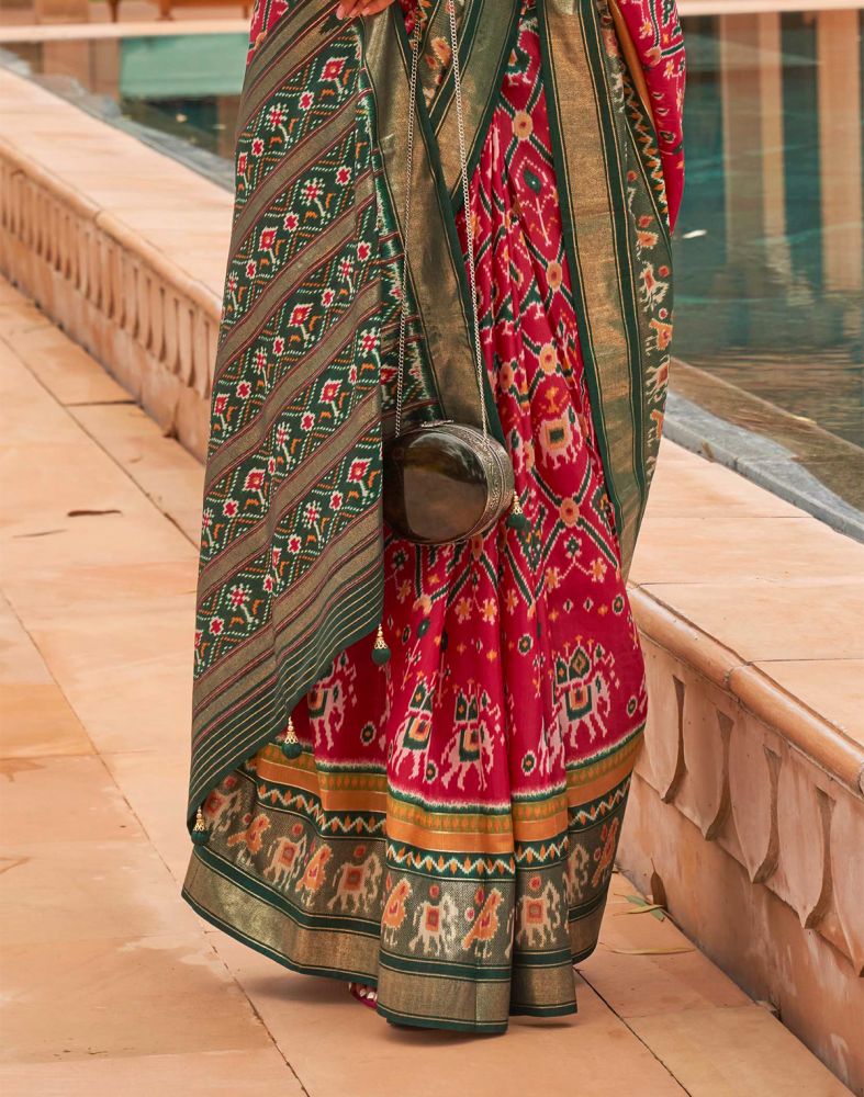 Red and Green Ikat Print Patola Silk Saree