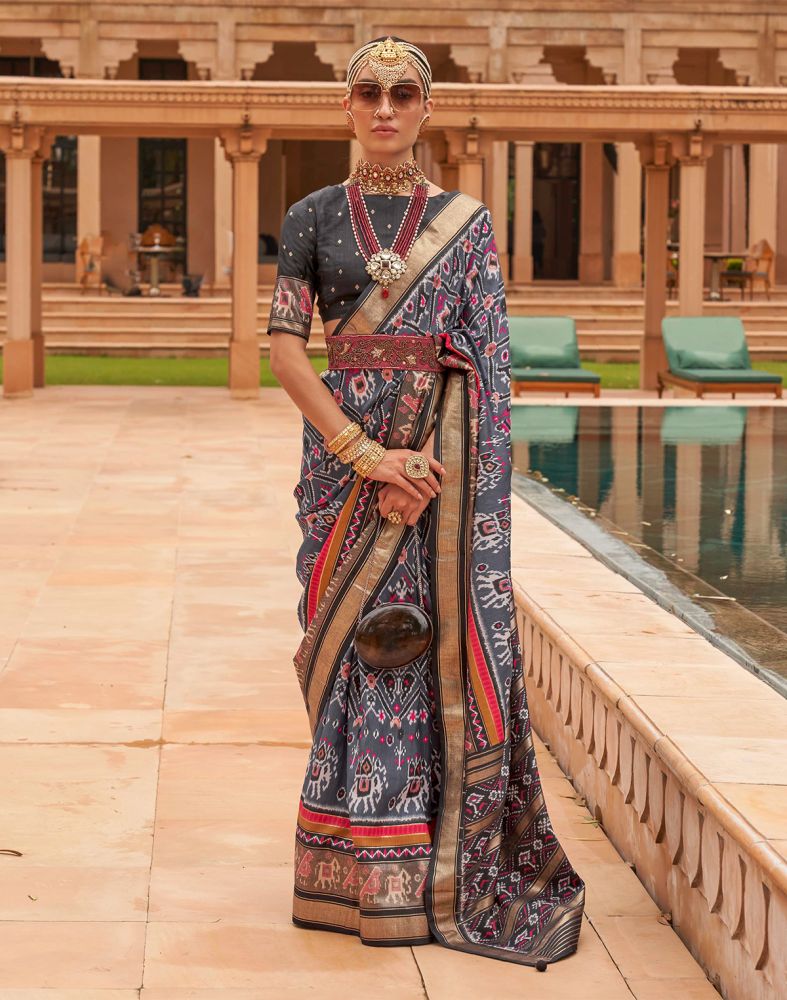 Grey Ikat Print Patola Silk Saree