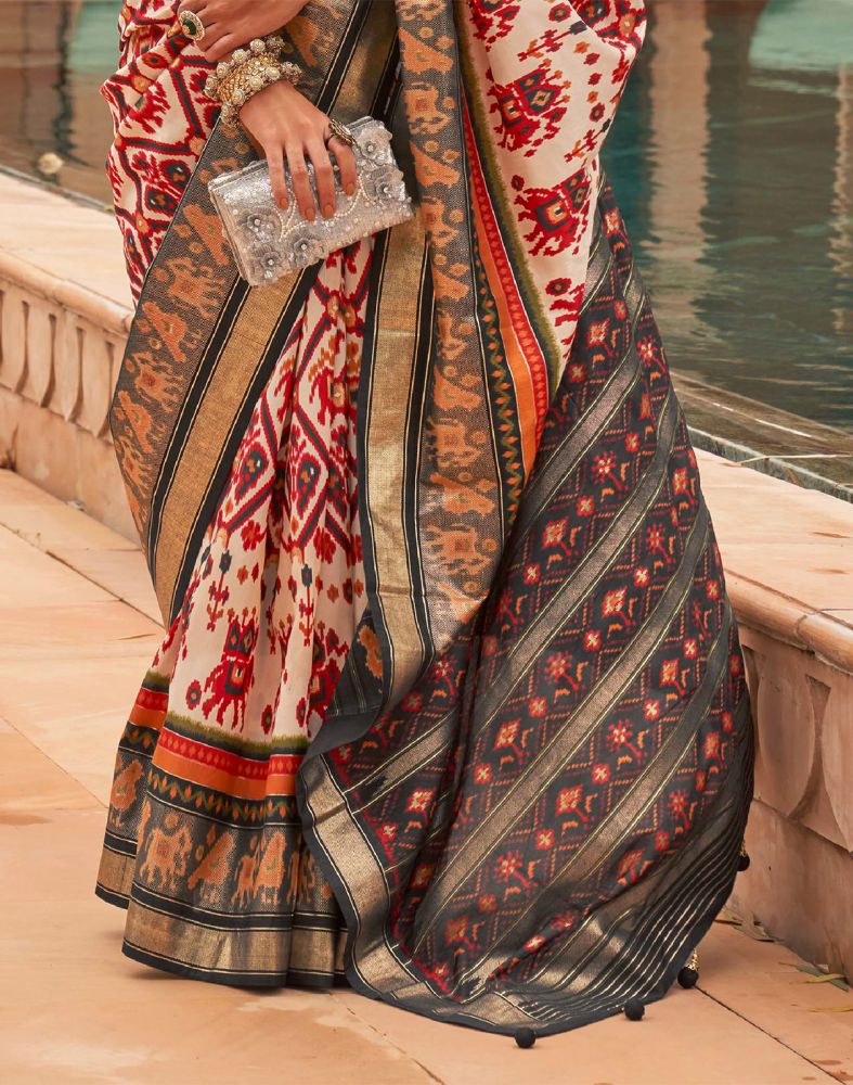 Off White Ikat Print Patola Silk Saree