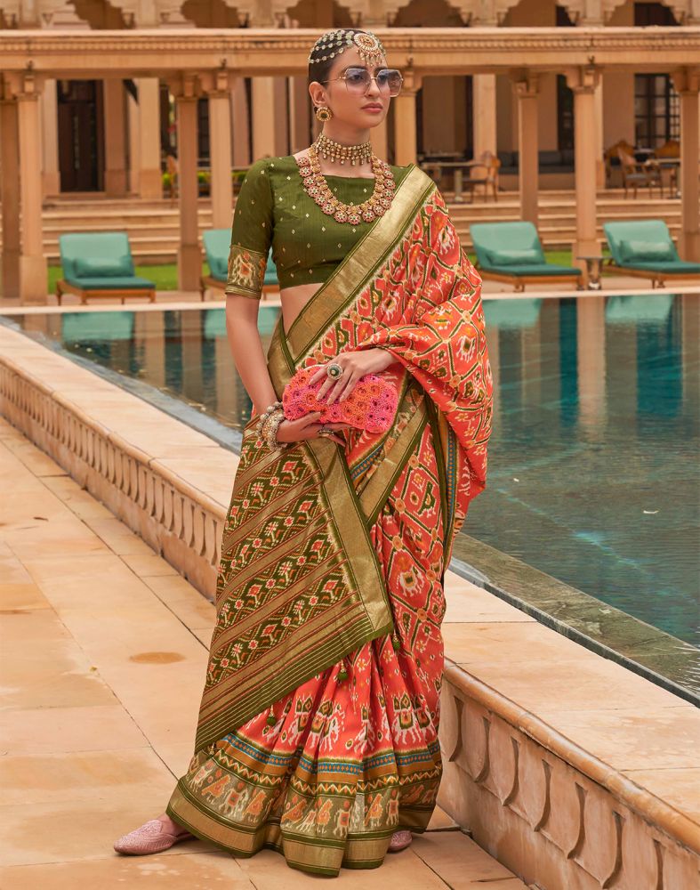 Orange Colour Ikat Print Patola Silk Saree