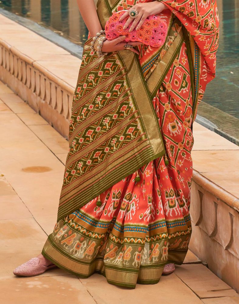 Orange Colour Ikat Print Patola Silk Saree