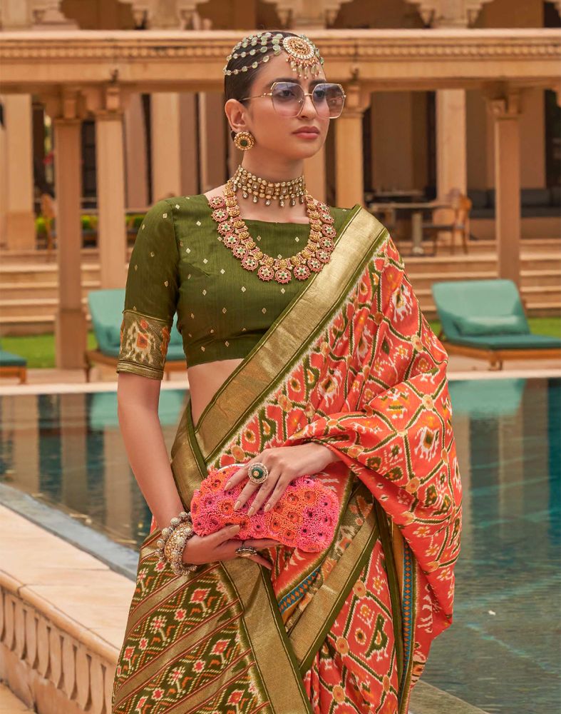 Orange Colour Ikat Print Patola Silk Saree