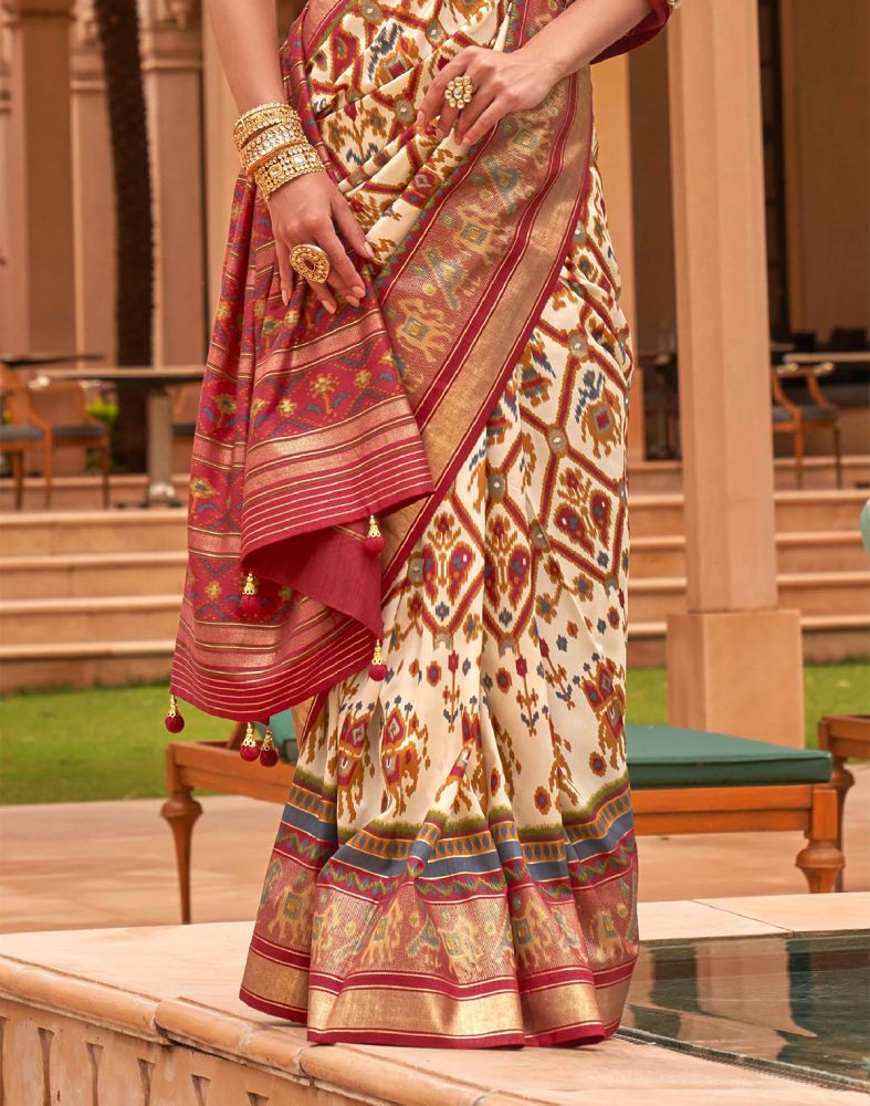 Ikat Print Cream Colour Patola Silk Saree