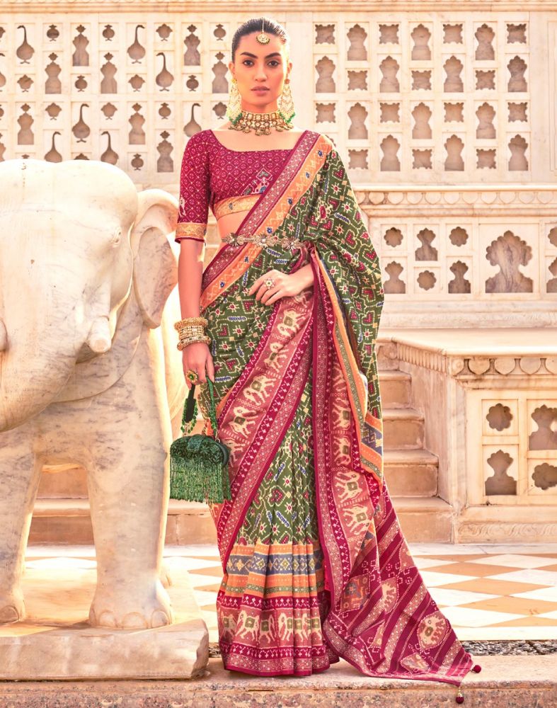 Mehendi Green Ikat Print Patola Saree