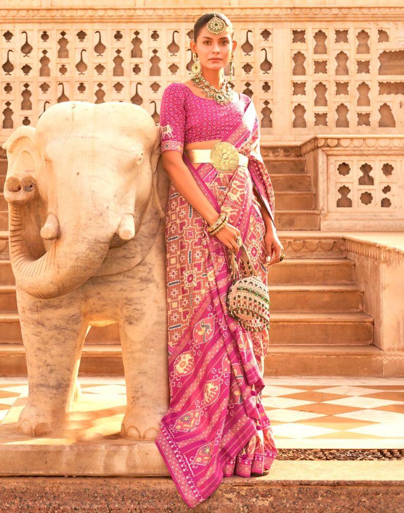 Pink Coloured Ikat Print Patola Saree