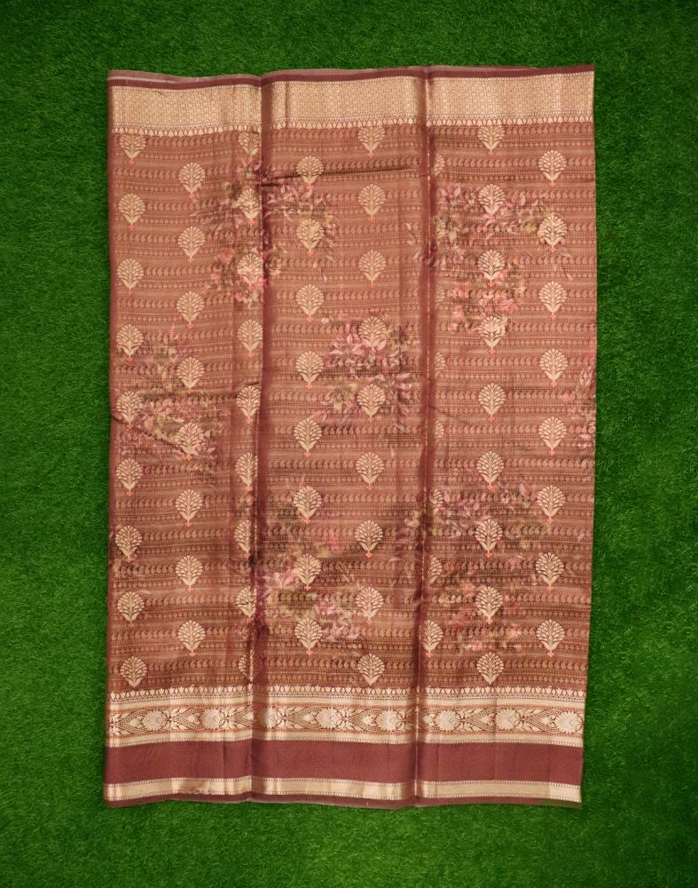 Brown Floral Pure Dupion Saree